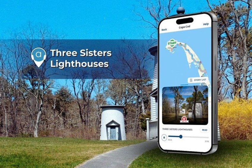Ein Smartphone zeigt eine Karte mit einer markierten Route zu den 'Three Sisters Lighthouses' und einer Auflistung von Geschichten. 3