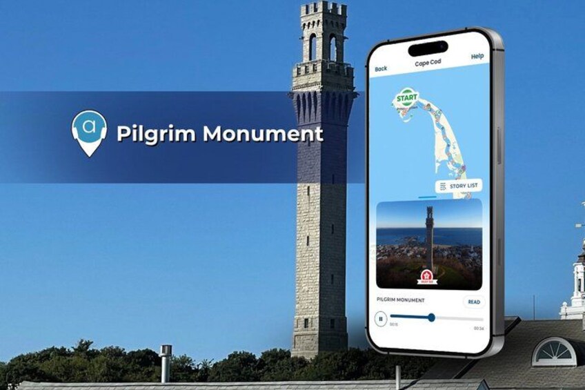 Ein Smartphone zeigt eine Karte mit einer Route zum Pilgrim Monument, einem hohen Turm, und einem wolkenlosen, blauen Himmel. 5