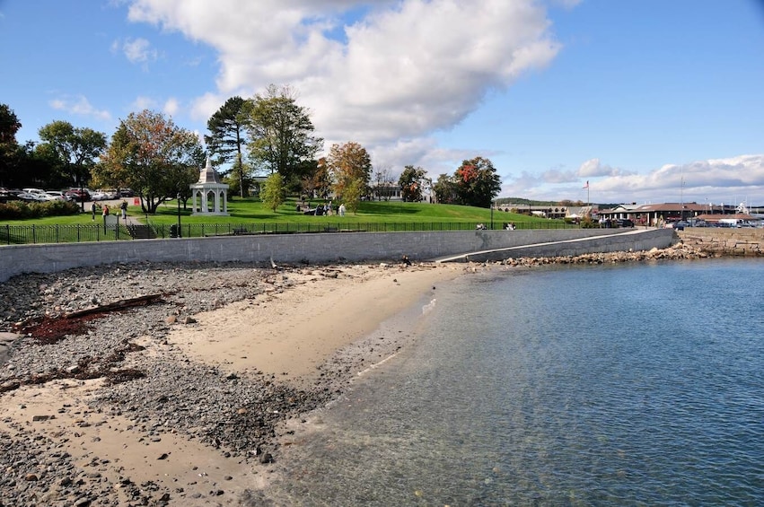 Una spiaggia con un padiglione, una zona erbosa e un corpo d'acqua. 5