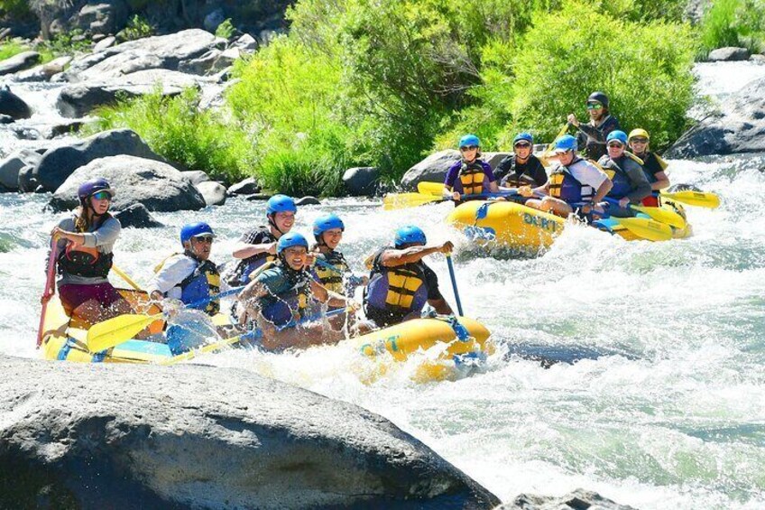 A group of people rafting on a river surrounded by rocks and greenery. 4
