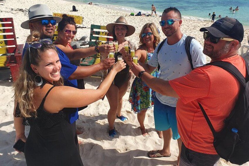 Un grupo de personas brindando con bebidas en una playa arenosa con cielo despejado. 2
