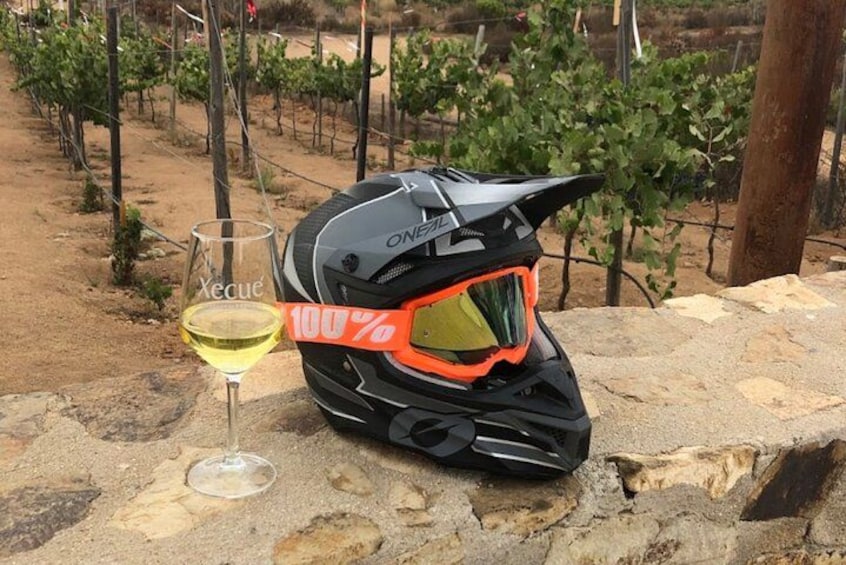 A motorcycle helmet, a glass of wine, and a vineyard in the background. 2