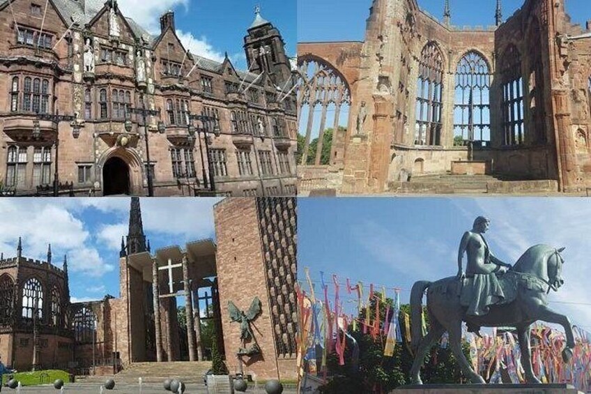 A historic building with Gothic architecture, a statue of a woman on horseback, and a large stained glass window. 1