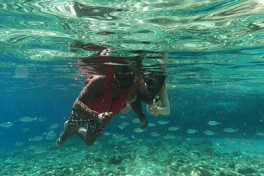 Une personne qui fait de la plongée avec tuba et qui est entourée de poissons. 4