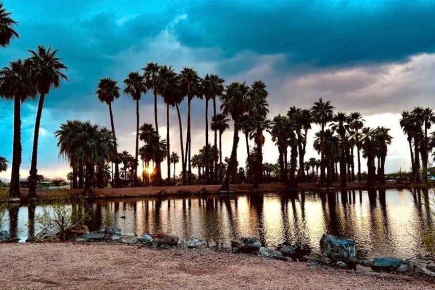 A calm lake with palm trees reflecting the sky. 4