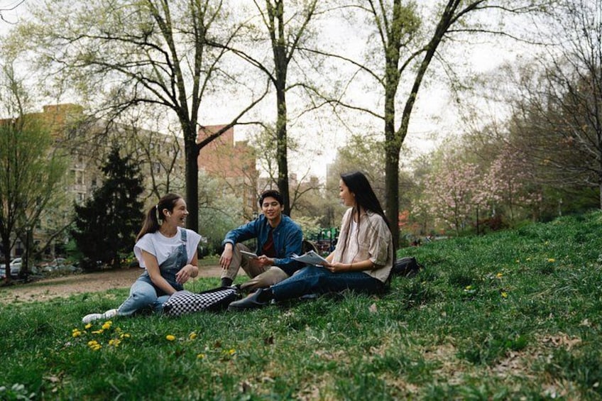 Tre persone sedute sull'erba in un parco, con alberi e edifici sullo sfondo. 2