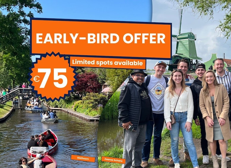 A canal with boats, a windmill, and a group of people. 1
