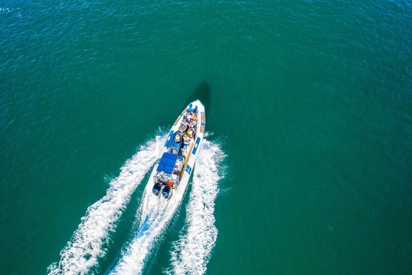 A speedboat with passengers, creating a wake in turquoise water. 4