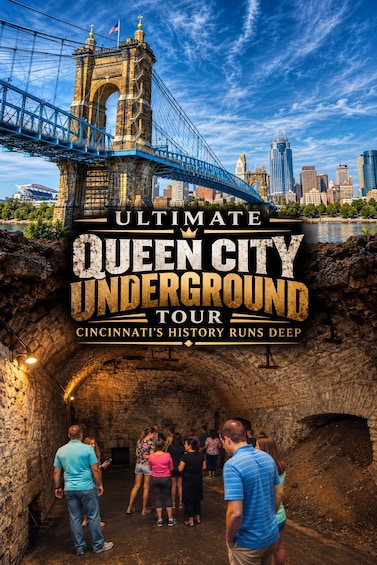 A tour advertisement for the Queen City Underground in Cincinnati, featuring a historic tunnel entrance and a bridge in the background. 2