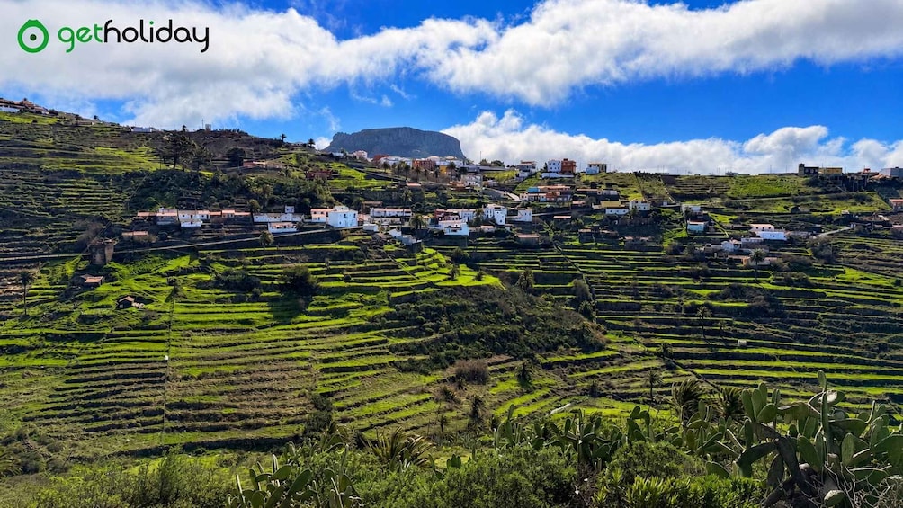 Terraced fields, a village, and a mountain in the background. 3