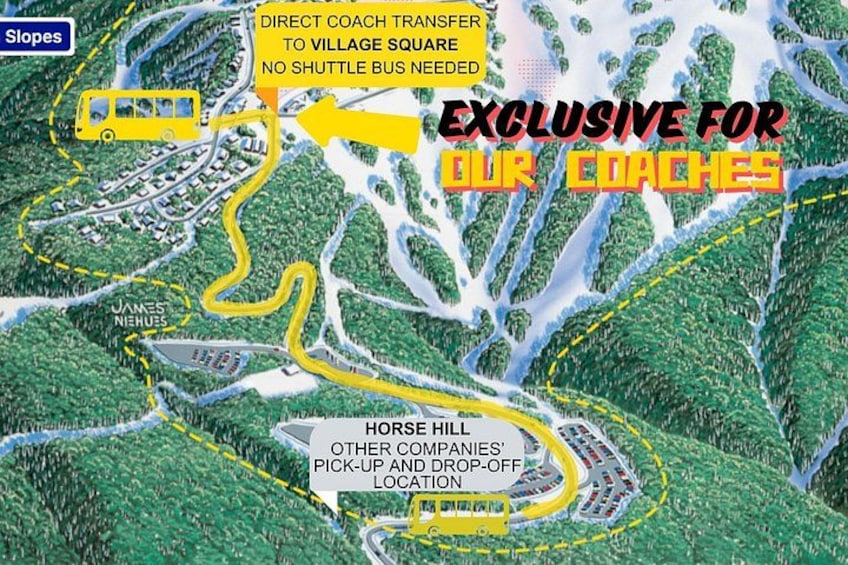 A ski resort map with slopes, a direct coach transfer to village square, and exclusive access for coaches. 4