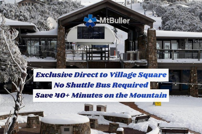 A snow-covered lodge with a sign indicating a direct route to Village Square, no shuttle bus required, and a time-saving benefit. 1
