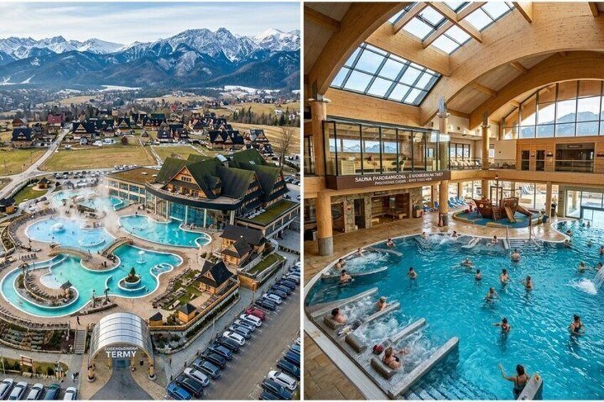 A large indoor swimming pool with multiple sections and a view of the surrounding mountainous landscape. 2