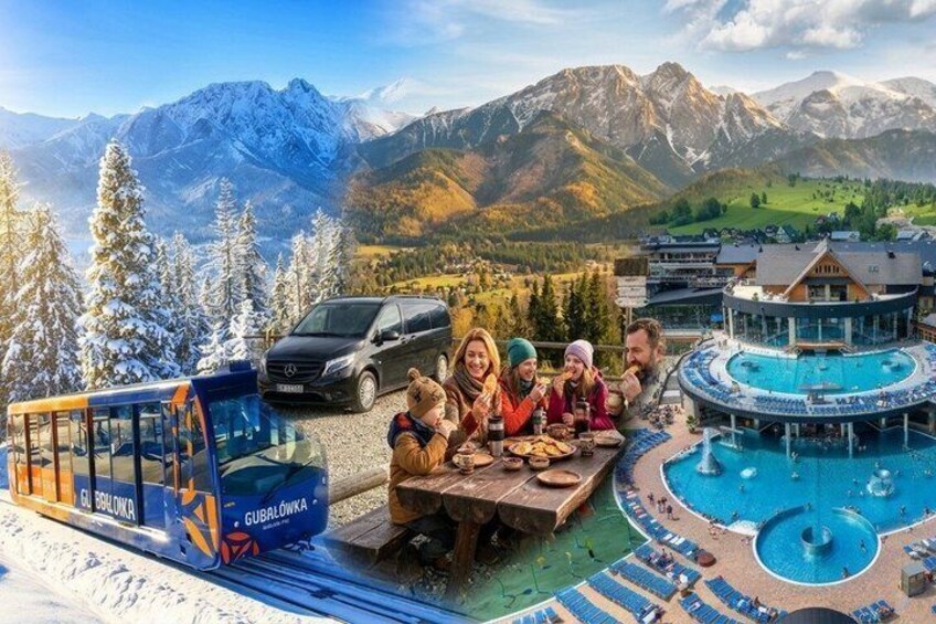 A group dining outdoors with a mountain backdrop, a pool, and a train. 1