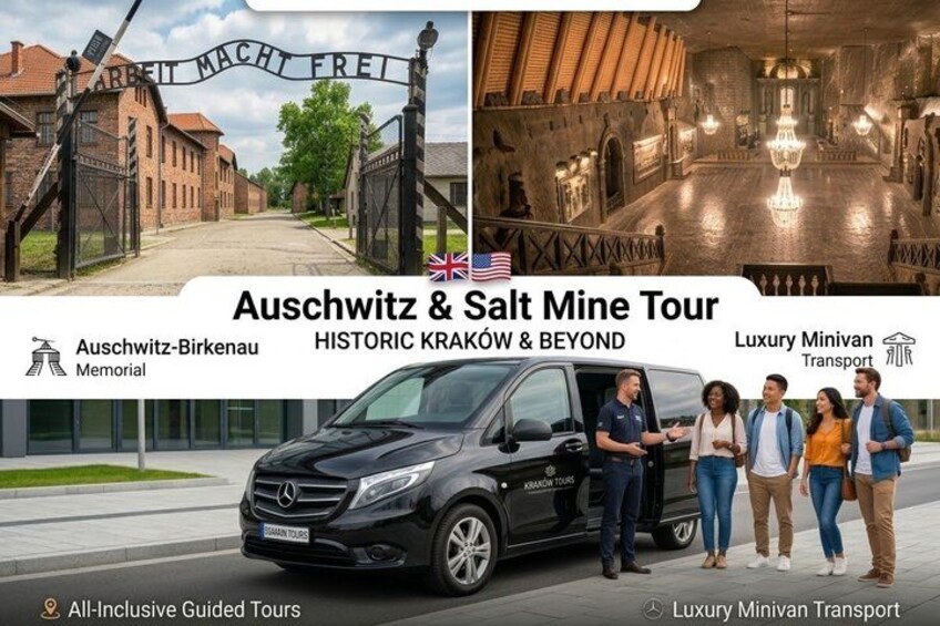 A tour bus, a historic building, and a gate with the text 'Auschwitz & Salt Mine Tour.' 1