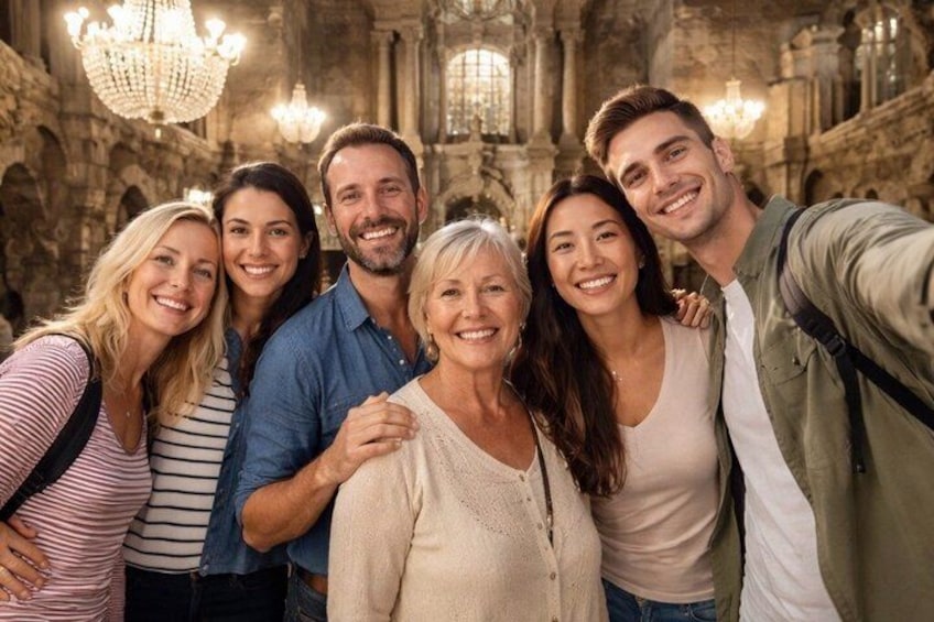 A group of people in a historic building with stone architecture and chandeliers. 3