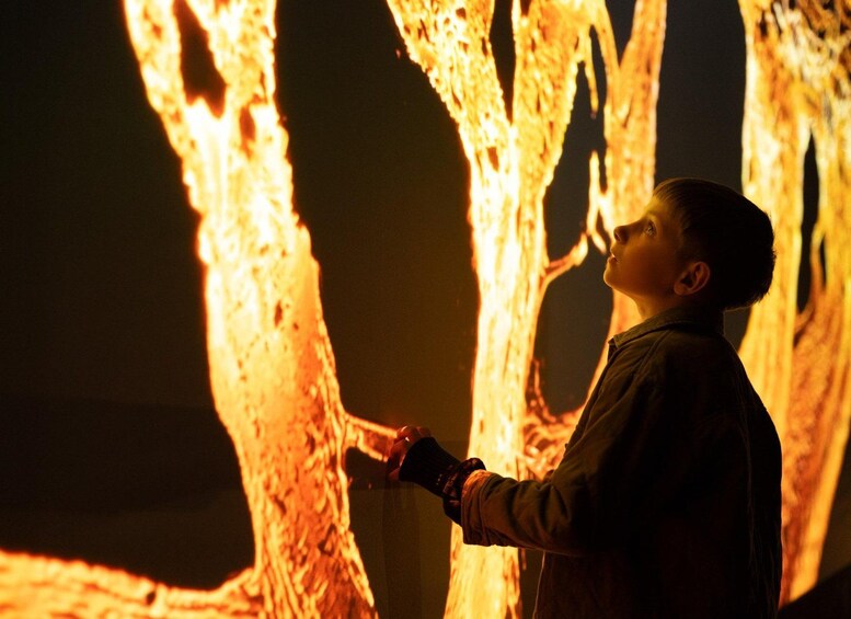 A person standing in front of a tree with a glowing, fiery texture. 2