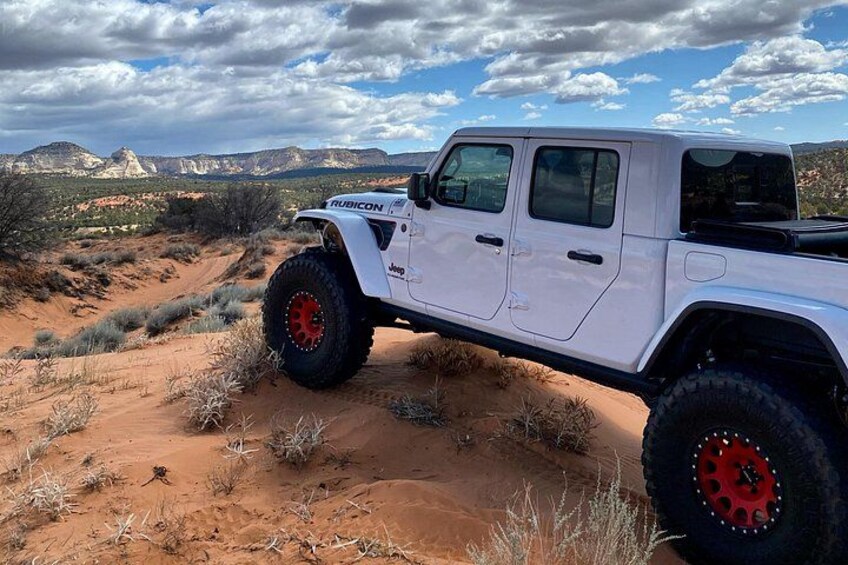 Un Jeep Rubicon blanc, avec des roues rouges, est garé dans un paysage désertique où la végétation est rare et où l’on aperçoit des montagnes au loin. 3