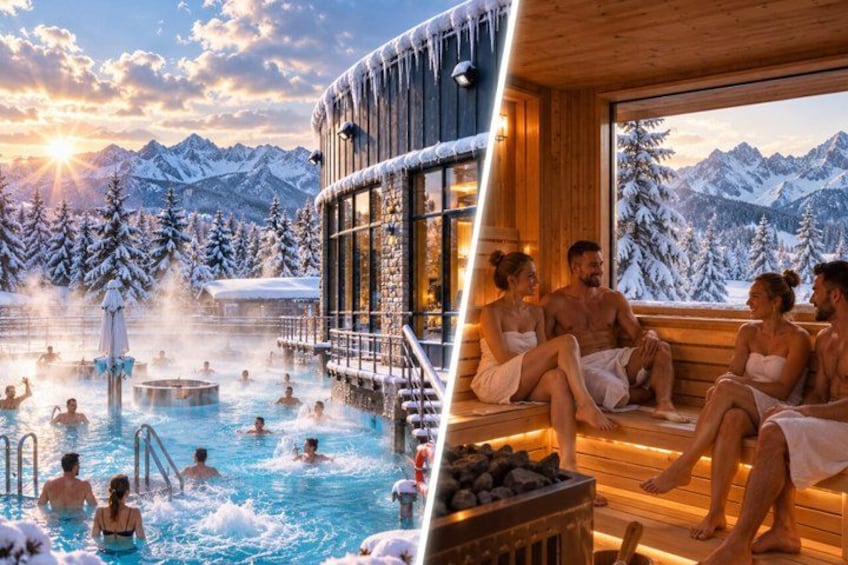 A hot spring resort with outdoor pools and wooden cabins. 3