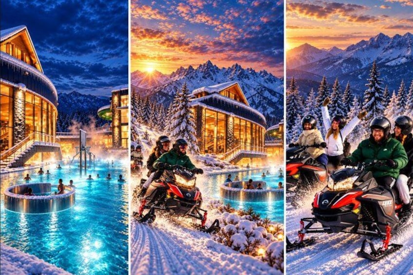 A snow-covered mountain resort with a heated pool and snowmobile activity. 1