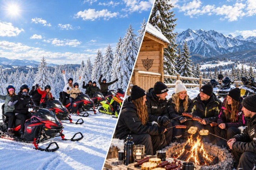 A group of people on snowmobiles and a campfire in a snowy mountainous area. 2
