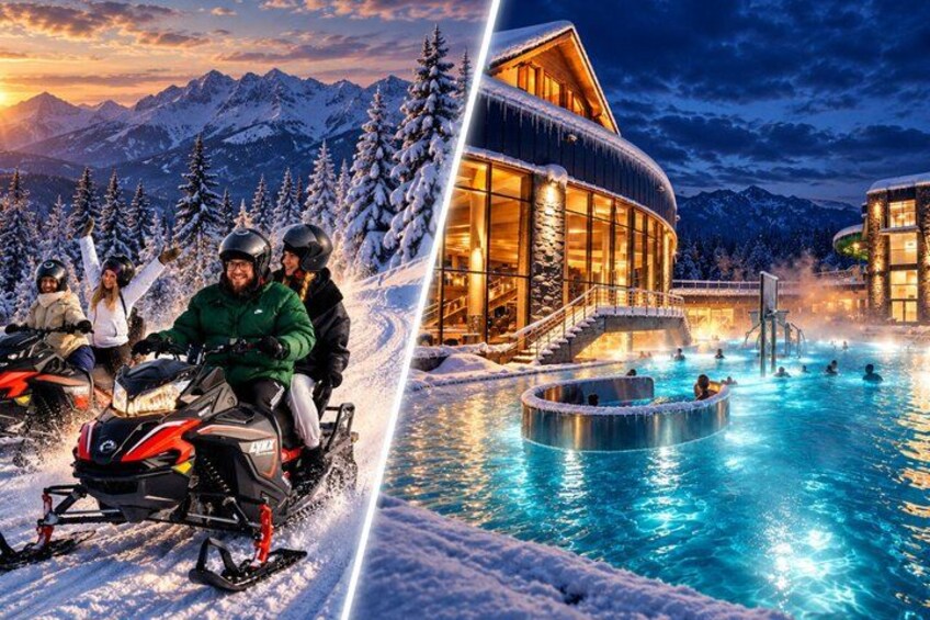 A snowmobile on a snowy path, a heated outdoor pool, and a building with large windows. 4