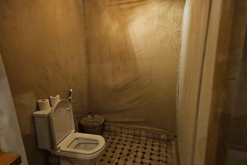 A small, dimly lit bathroom with a toilet, a trash bin, and a roll of toilet paper on the wall. 3