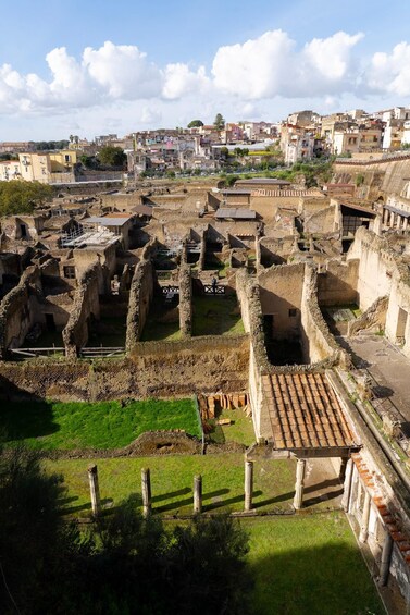 Ancient ruins with stone columns and a tiled roof, surrounded by a grassy area and residential buildings in the background. 5