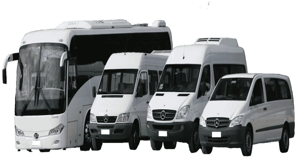 En række hvide Mercedes-Benz køretøjer, herunder en bus og tre varevogne. 3