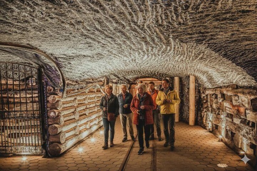 A group of people inside a cave with wooden walls and a metal gate. 5