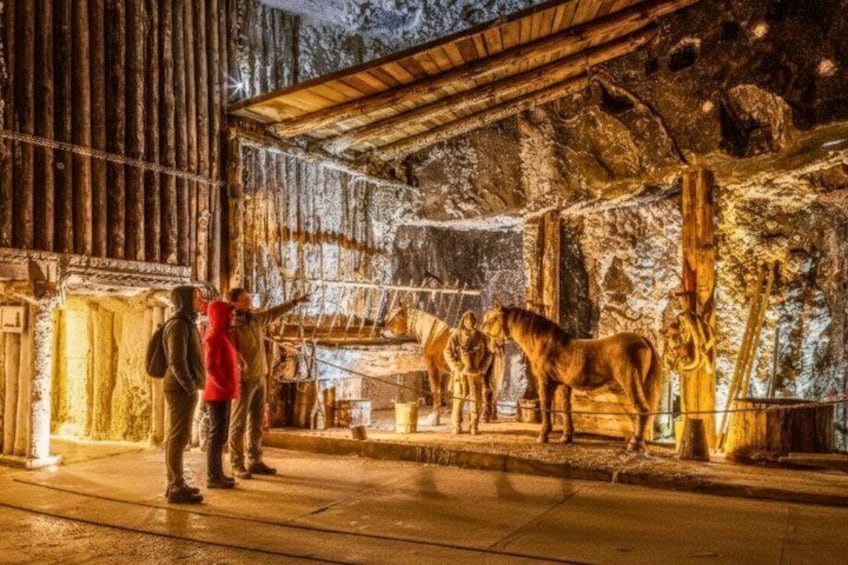 A cave with horses and visitors. 3