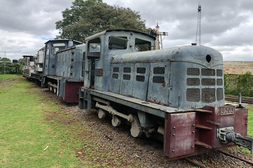Een rij oude, roestige treinwaggons langs de rails in een grasveld. 5