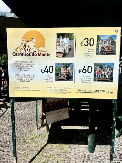 A sign for Monte - Livramento offering mule rides for €30, €40, and €60 for 1, 2, and 3 people respectively. 2