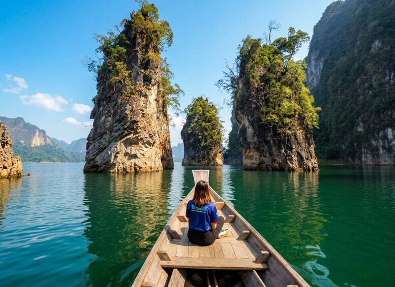 A person in a wooden boat on a calm river surrounded by rocky cliffs and lush greenery. 2