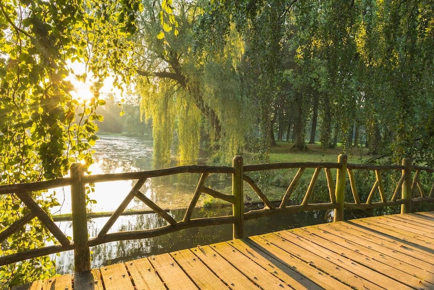 A wooden bridge over a calm river, surrounded by lush greenery and trees. 2