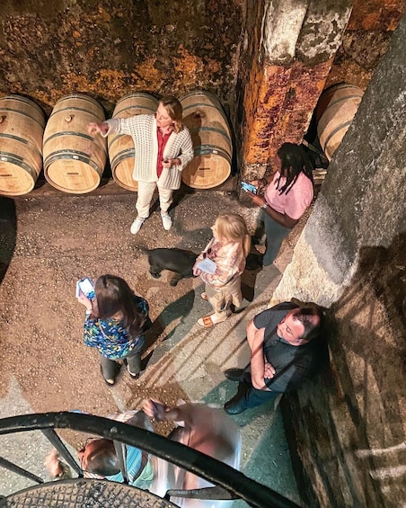 A group of people in a wine cellar with wooden barrels. 1