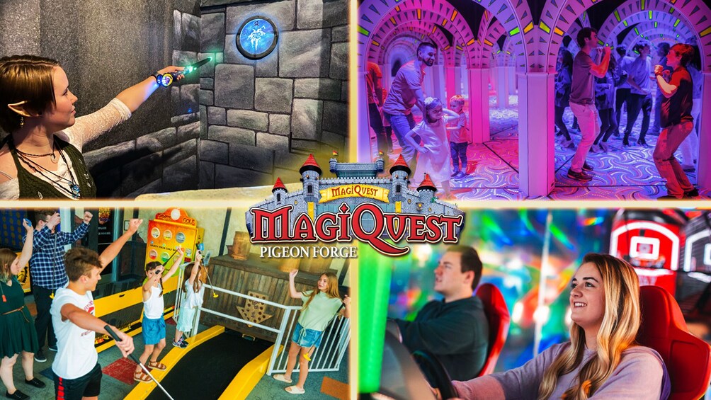 A person using a light-up wand, a castle-themed area, a group of people dancing, and a gaming setup with a red chair. 1
