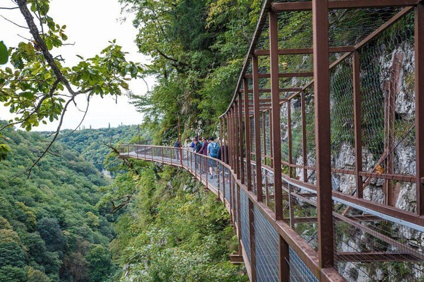 Un ponte metallico con persone che vi passeggiano, circondato da una fitta foresta e ripidi dirupi rocciosi. 3