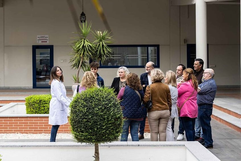 A group of people gathered outdoors in front of a building with a brick wall and potted plants. 5