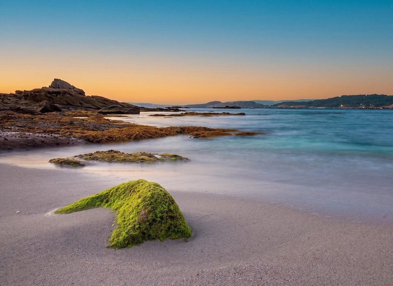 A beach with green moss-covered rocks and calm water. 5