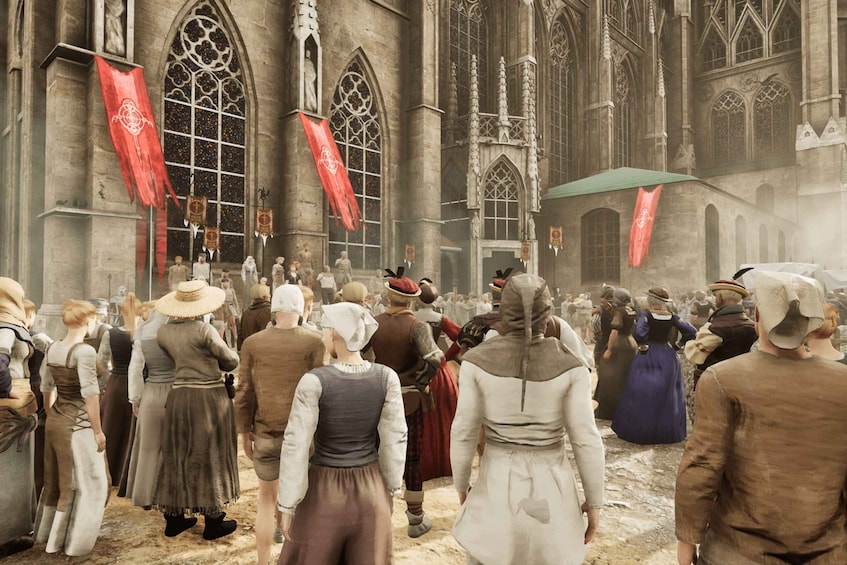 Eine mittelalterliche Szene mit Personen in historischer Kleidung, ein großes Gebäude mit Rundbögen und Wimpeln. 5