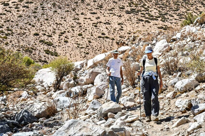 Two hikers walking on a rocky trail with sparse vegetation and a hilly landscape in the background. 2