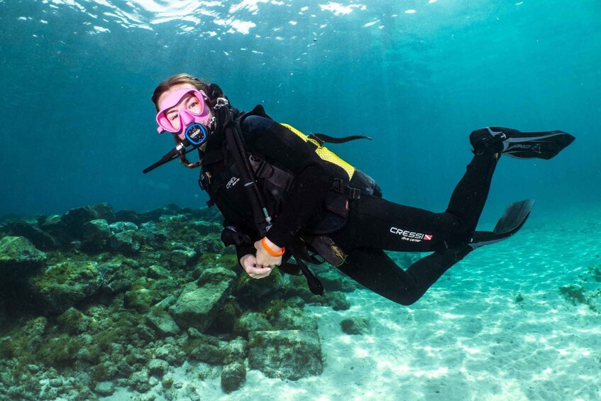 Un buzo sumergido con traje de neopreno negro y aletas, rodeado de un lecho marino rocoso. 5