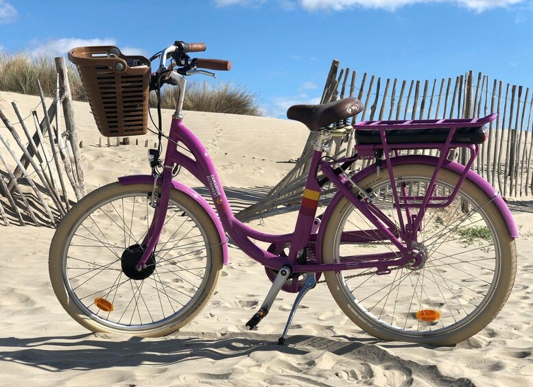A purple bicycle with a basket and a seat, parked on a sandy beach with a wooden fence in the background. 3