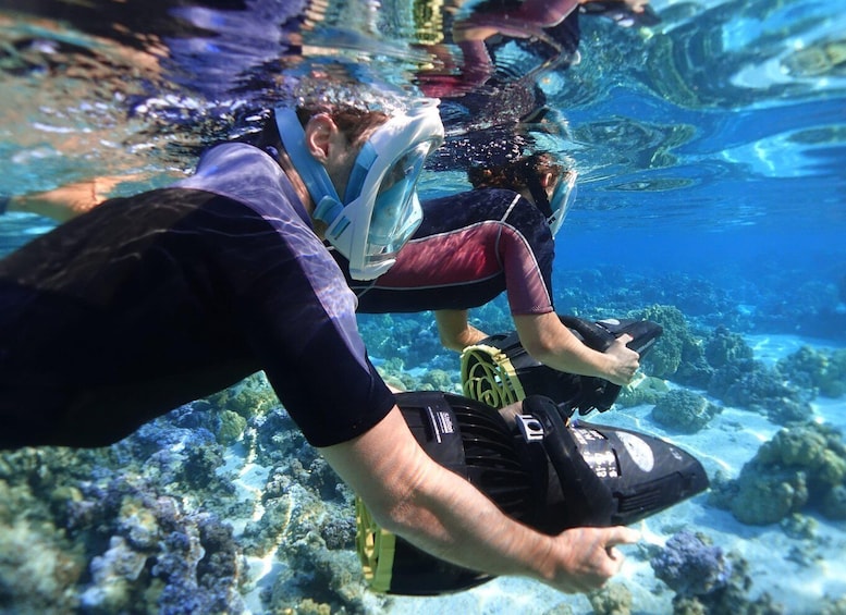 Two people scuba diving underwater with scuba gear. 1