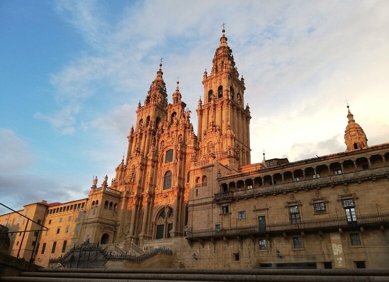 A grand cathedral with intricate architecture and multiple spires. 1