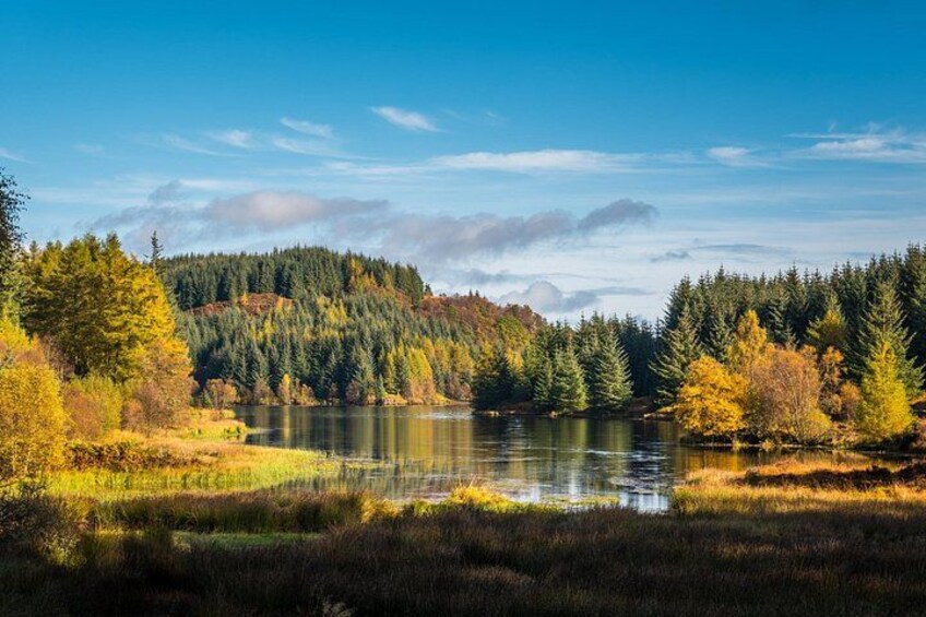 A lake surrounded by autumn-colored trees and a forested hillside. 2