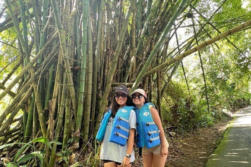 Two people standing in a bamboo grove with a path beside them. 2