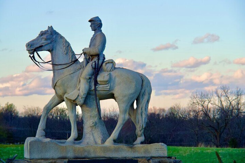 A statue of a man on horseback in a grassy field with trees in the background. 4