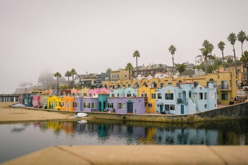 Colorful buildings along a waterfront with palm trees in the background. 4